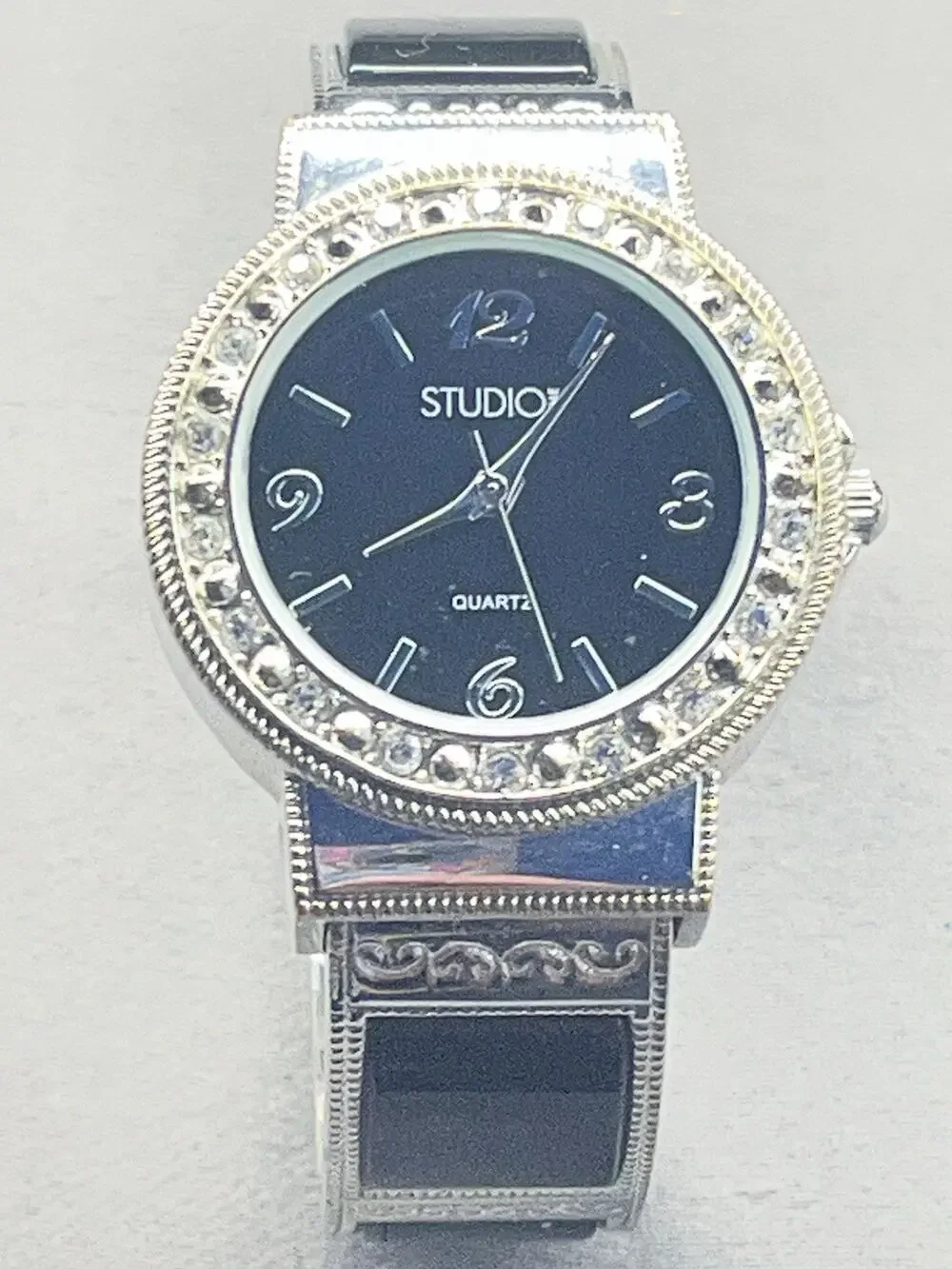 Studio 1 Women’s Rhinestone Bezel Black Dial Cuff Watch AS IS Needs Battery